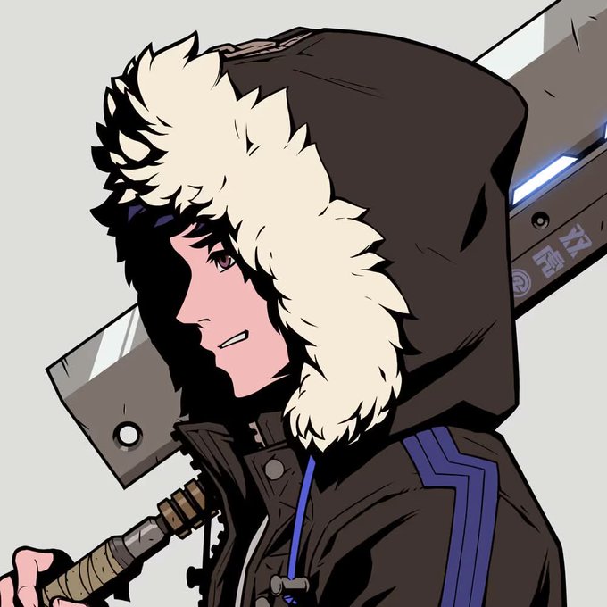 An anime-style illustration of a dark-haired character wearing a fur-lined parka hood, shown in profile with a weapon behind them.