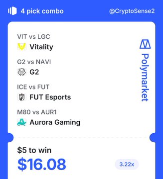A Polymarket screenshot showing a 4-pick combo sports/esports bet with selections including Vitality, G2, FUT Esports, and Aurora Gaming for $5 to win $16.08.