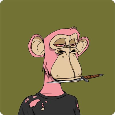 The image features a cartoon monkey with pink hair, dressed in black clothing, holding a knife in its mouth while smoking a cigarette. The background of the image is green, which contrasts with the pink color of the monkey's hair. There are no other objects or text present in the image.