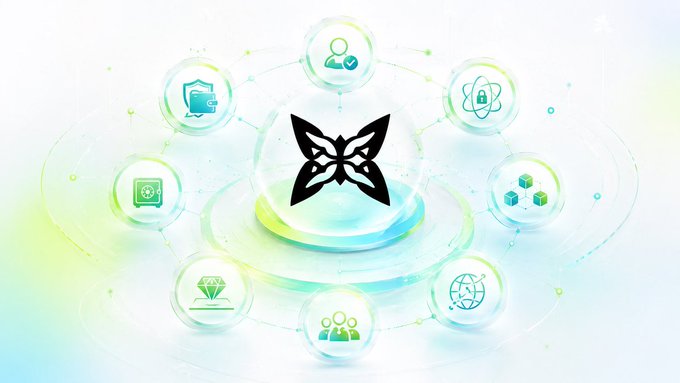 A colorful graphic featuring a central butterfly logo surrounded by circular icons representing various features like messaging, documents, and networking, all interconnected by glowing lines.