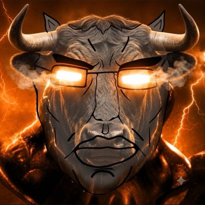 A digitally edited image of a bull's head with glowing orange sunglasses emitting smoke, set against a fiery background with cartoonish drawn-on facial features.