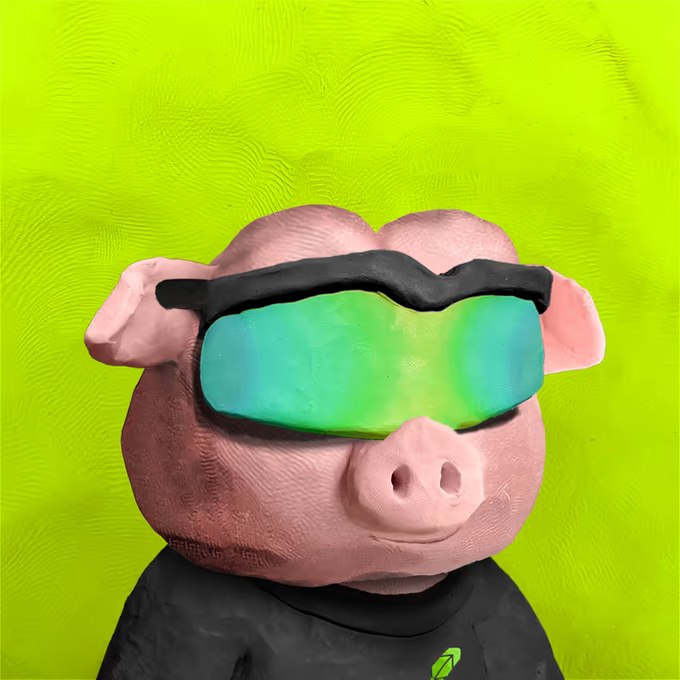 A 3D-rendered pig wearing large green-tinted visor sunglasses against a bright green background.