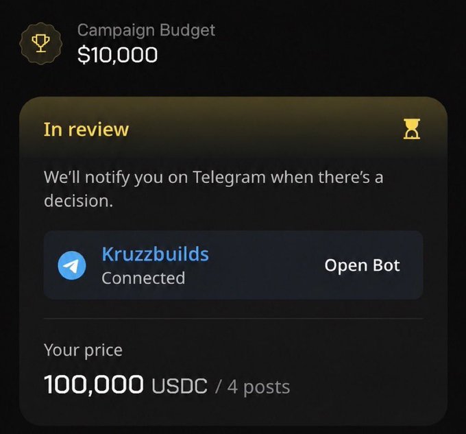 The image shows a text message screen with a summary of an advertisement for a campaign budget. The summary reads "Campaign Budget $10,000" and "In Review We'll notify you on Telegram when there's a decision." The text also mentions that the price is $25k or nothing if you're interested in 4 posts.