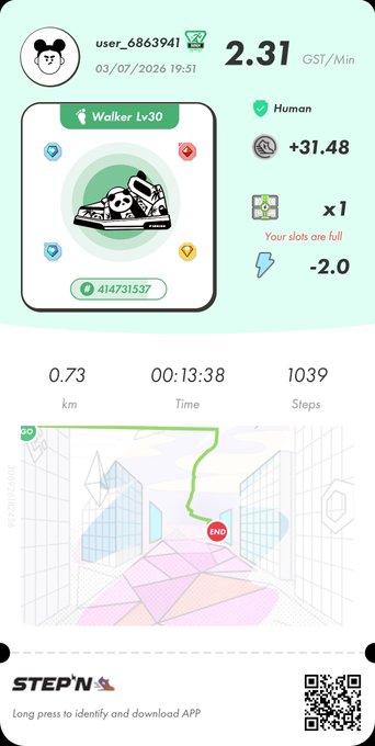 STEP'N app screenshot showing user 'user_6863941' with a Walker Lv30 sneaker earning 2.31 GST/Min, walking 0.73 km in 13:38 with 1039 steps.