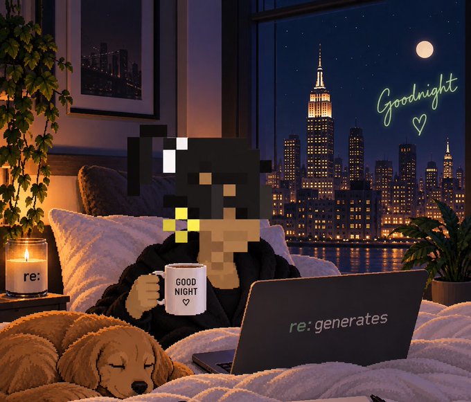 An illustrated scene shows a pixelated character in bed holding a 'GOOD NIGHT' mug and using a laptop labeled 're:generates', with a sleeping dog beside them and a nighttime city skyline visible through the window with 'Goodnight' written in neon.