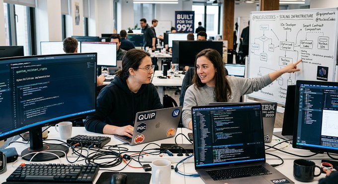 The image shows two women sitting at a desk with laptops open in front of them. They are working together on a project or discussing something related to their work, possibly involving coding or data analysis. The scene takes place in an office setting where multiple people can be seen around them. There is also a whiteboard visible in the background that might contain information relevant to their discussion or project.