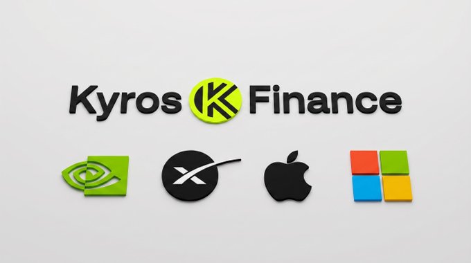 The image displays the "Kyros Finance" logo with its signature green "K" emblem at the top, accompanied below by icons representing Android, XRP, Apple, and Windows platforms, suggesting the app or service's cross-platform compatibility. The accompanying post appears to be a promotional giveaway tweet offering 20 USD to participants who engage with the post and join the Kyros Discord community.