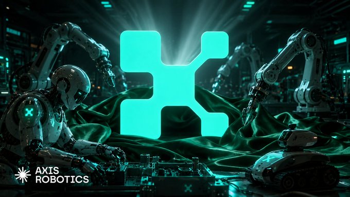 A futuristic promotional image for Axis Robotics featuring a glowing cyan logo and robotic arms in a high-tech industrial setting.