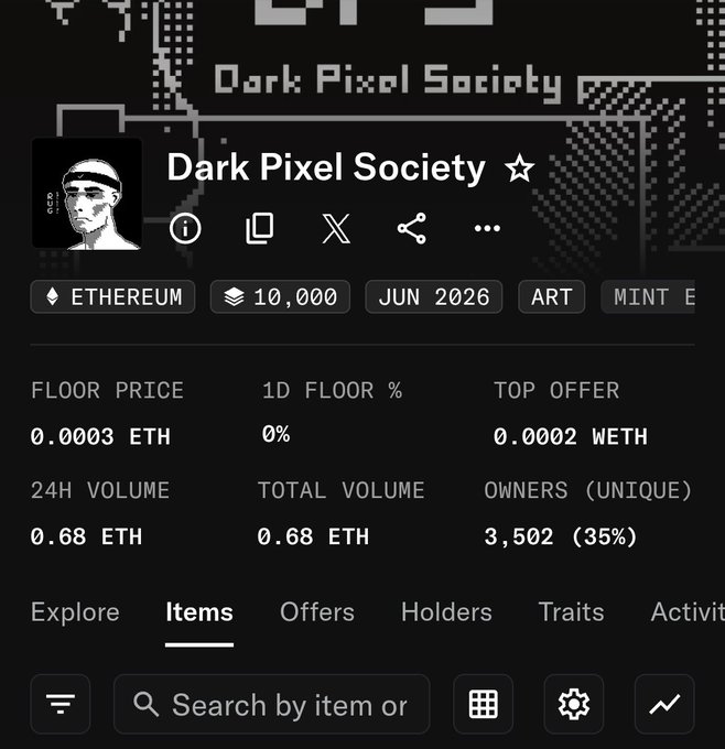 The image shows a screenshot of a webpage with a black background featuring a list of items for sale, including an item called "Dark Pixel Society" that has been bought by someone named @VirtualFlaneur. The price of this item is 0.2 ETH (0.0002). The post also mentions that the art looks good and the Fp value is low, which could indicate a potential investment opportunity in the Dark Pixel Society project.
