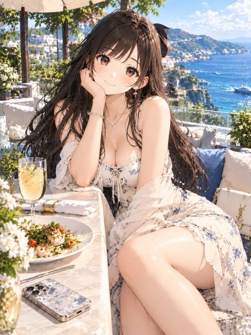 An anime-style illustration of a young woman with long brown hair sitting at an outdoor table by the sea, wearing a floral dress and resting her chin on her hand beside a plate of food.
