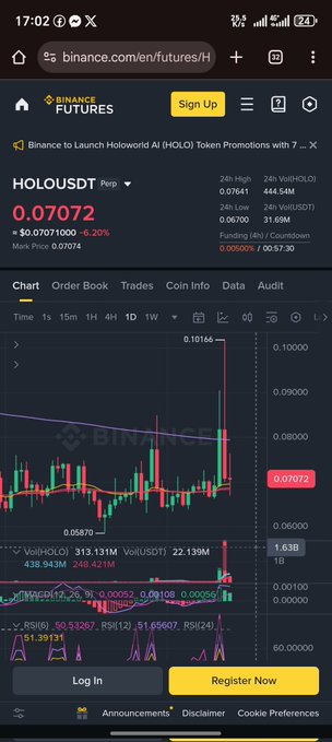 A Binance Futures mobile screenshot displays the HOLOUSDT perpetual contract at 0.07072, down 6.20%, with a 24-hour high of 0.07641, volume of 313.13M, and funding rate of 0.00500%—illustrating the volatile, low-priced "next big thing" altcoin often hyped on social media as a potential moonshot despite lacking clear technical support, as seen in the descending triangle chart pattern.