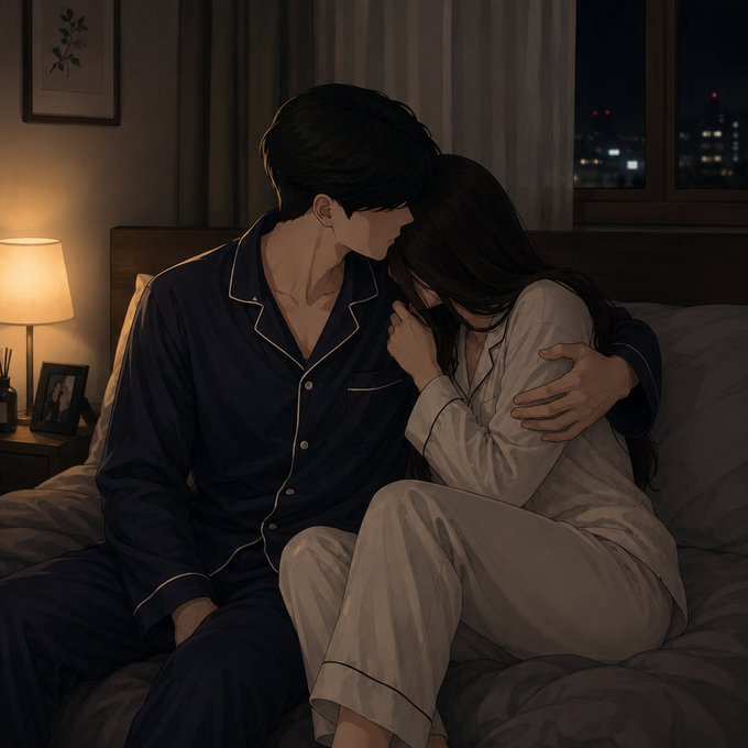 A man tenderly holds a crying woman in a dimly lit bedroom at night, with a cityscape glowing through the window in the background. The intimate, comforting embrace perfectly complements the "goodnight" sentiment, conveying solace and emotional support before a new day begins.