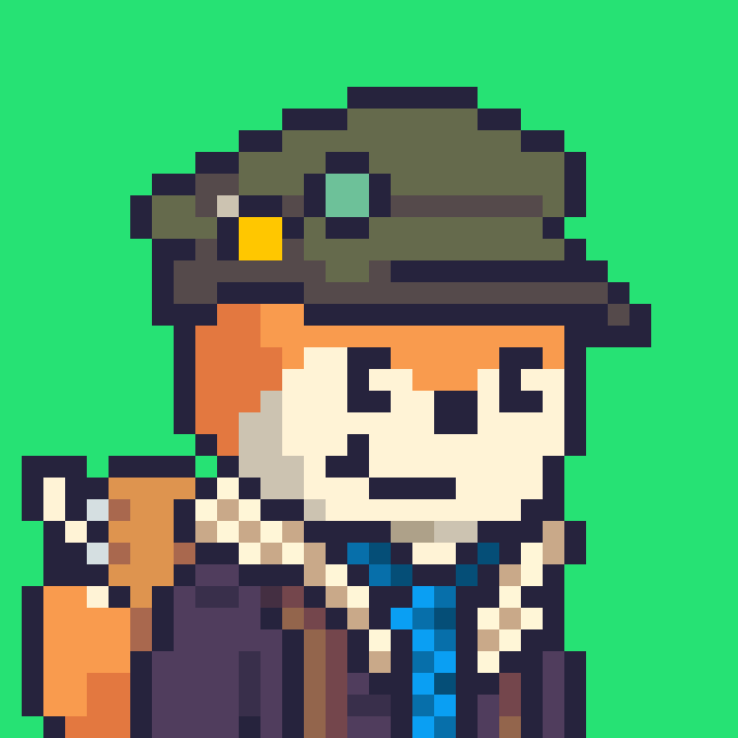 A pixel art illustration depicts an orange-haired character wearing a green hat and a blue scarf, holding a brown object, set against a bright green background.