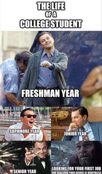 A meme titled "THE LIFE OF A COLLEGE STUDENT" featuring five panels from *The Wolf of Wall Street* showing Leonardo DiCaprio's progression through college: "FRESHMAN YEAR" (confidently pointing), "SOPHOMORE YEAR" (laughing with sunglasses), "JUNIOR YEAR" (anxiously biting nails), "SENIOR YEAR" (toasting with champagne), and "LOOKING FOR YOUR FIRST JOB AND REALIZING YOUR DEGREE IS WORTHLESS" (rugged, aged appearance).

The post "lol real" aligns with the meme's relatable joke about the deflating arc of optimism from freshman confidence to the harsh reality of post-graduation job searching.