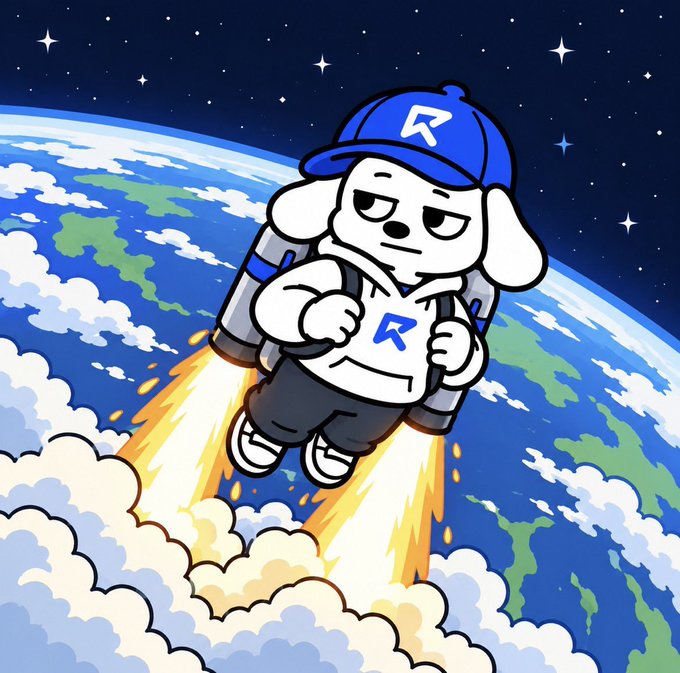 A cartoon mascot character wearing a blue cap with an 'R' logo flies like a superhero above Earth using a jetpack.
