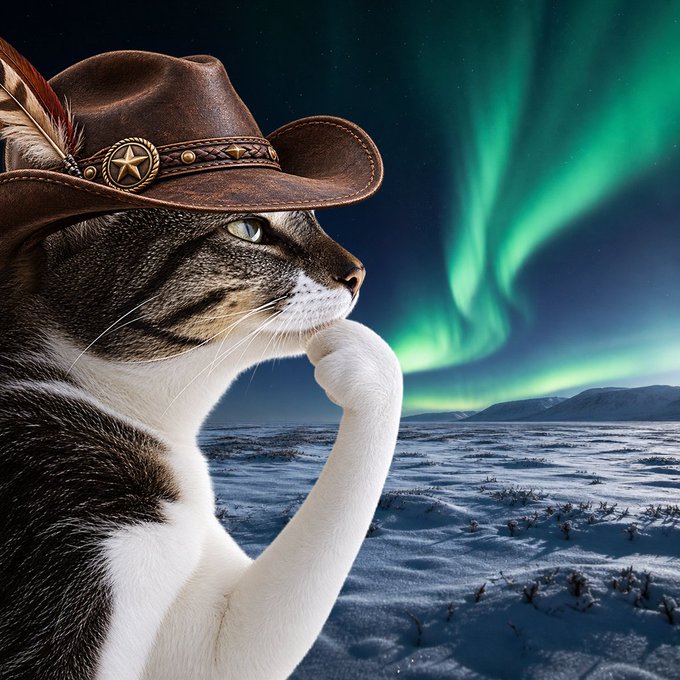 A tabby cat wearing a brown cowboy hat with a star emblem gazes contemplatively at the aurora borealis over a snowy arctic landscape. The cowboy hat symbolizes the "leading cat" ($HMM) as a top performer, while the majestic northern lights suggest the bullish, billion-dollar potential of the coin on the launchpad.