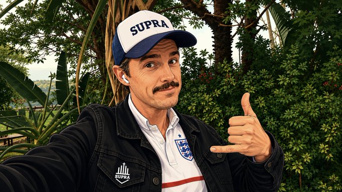 A cartoon-style image of a man wearing a 'SUPRA' cap and jacket, making a 'shaka' hand gesture, with an England football jersey visible underneath.