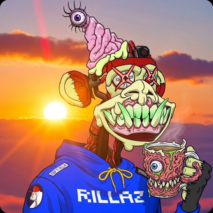 A digital illustration of a grotesque green cartoon character with star-shaped sunglasses, sharp teeth, and a brain-like creature on its head, wearing a blue hoodie that says 'RILLAZ' and holding a monstrous mug against a sunset background.