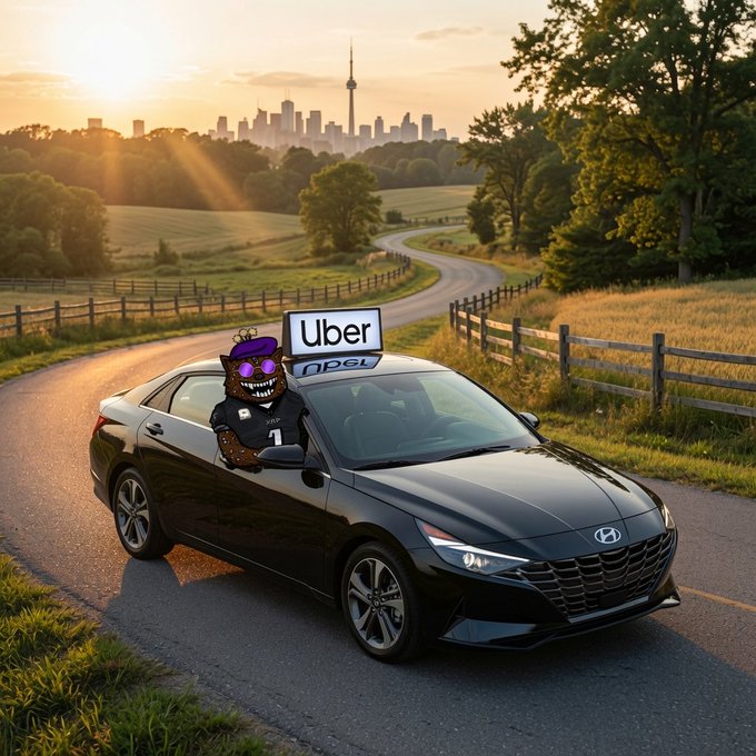 The image shows a black Hyundai coupe on a scenic countryside road at sunset, with a cartoon Wolverine character wearing a purple "DLS" cap leaning out the driver's window and an "Uber" sign mounted on the roof, alongside a Toronto skyline silhouette in the background—visually matching the caption's playful announcement of being "on duty" in Uber mode from 9:29 AM to 7:30 PM for the XRP Army.
