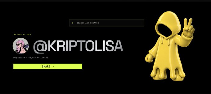 A profile banner for @KRIPTOLISA with 56,956 followers, featuring a yellow 3D hooded character making a peace sign next to a 'Share' button on a black background.