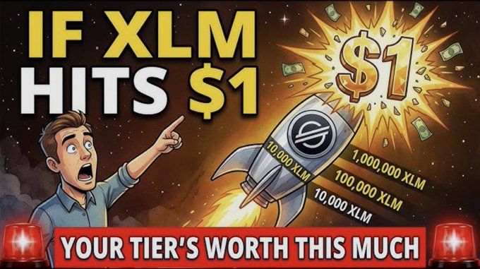 A cartoon-style graphic with bold text 'IF XLM HITS $1 YOUR TIER'S WORTH THIS MUCH', showing a surprised man pointing at a rocket marked with the XLM logo and values like '10,000 XLM', '100,000 XLM', and '1,000,000 XLM' flying toward a $1 symbol.
