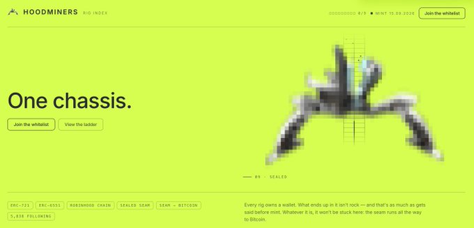 The HoodMiners website teases a "One chassis." launch with a pixelated rig graphic, a 0/9 rig index counter, and a 15.09.2026 mint date, aligning with the post's countdown announcement for a free Robinhood Chain mint.