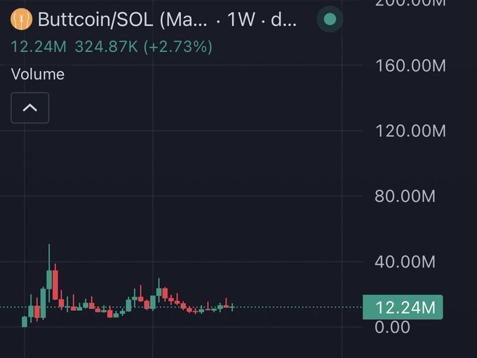 A weekly TradingView chart for the "Buttcoin/SOL" meme token shows trading volume at 12.24M, with a recent price of 324.87K (+2.73%) and notably low and declining activity since an initial spike—suggesting the meme coin has largely faded after an early pump.