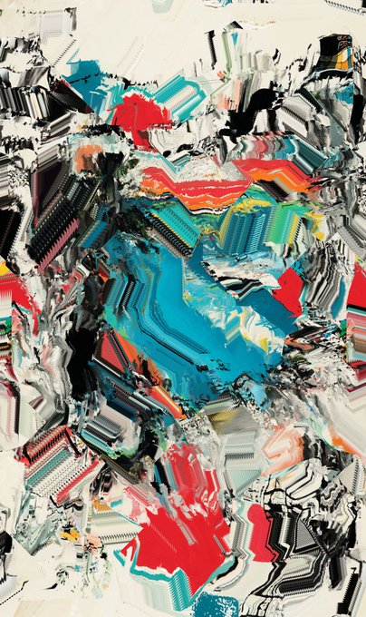 An abstract mixed-media artwork features chaotic layers of red, teal, black, white, and yellow paint with textured, ridged patterns.