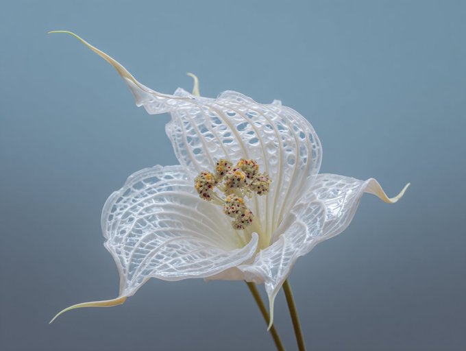 A delicate, translucent white flower with intricate, lace-like petals and spotted stamens, set against a soft blue-grey background.