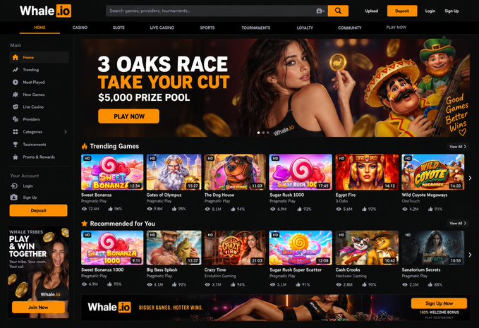 The image shows the Whale.io homepage, featuring a "3 OAKS RACE" promotion with a $5,000 prize pool, along with trending casino games like "Sweet Bonanza" and "Sugar Rush 1000," tying into the $150 USDT Halloween giveaway contest mentioned in the post.