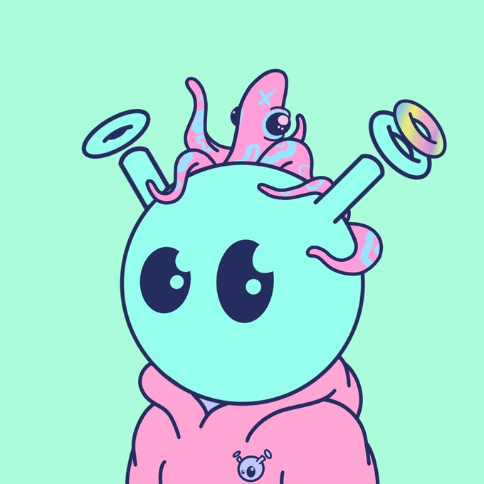 A cute cartoon character with a green head, pink hoodie, and an octopus on top is shown on a mint green background.