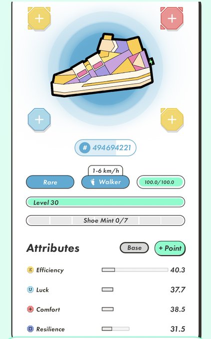 A digital sneaker profile card labeled 'Walker' (Rare, Level 30) with ID #494694221, showing attributes like Efficiency 40.3, Luck 37.7, Comfort 38.5, and Resilience 31.5.