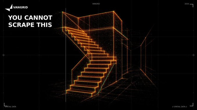 A digital 3D wireframe rendering of stairs in glowing orange against a black background, labeled 'YOU CANNOT SCRAPE THIS' with Vangrid branding.