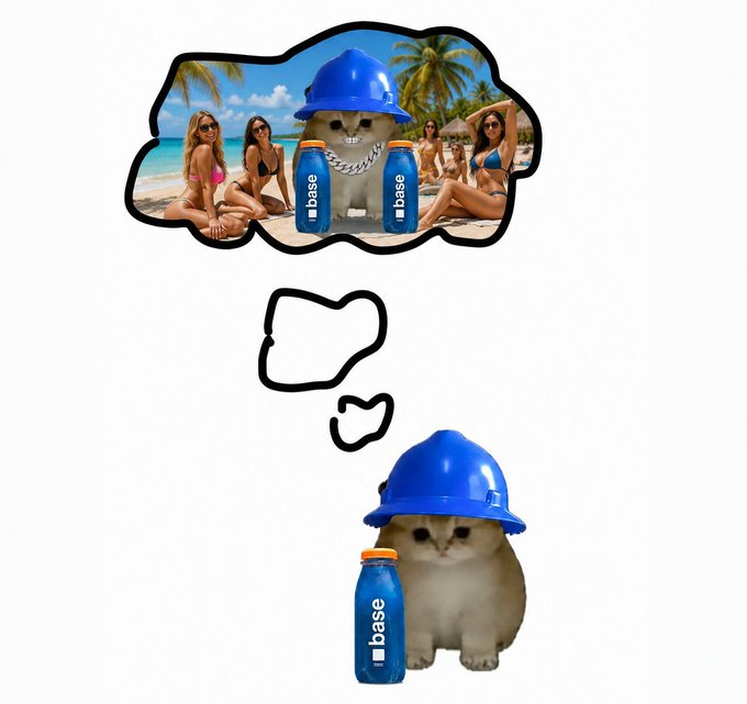 A sad-looking cat wearing a blue hard hat sits beside a "base" branded bottle, dreaming in a thought bubble of an idealized scene featuring the same cat surrounded by bikini-clad women on a tropical beach with two "base" bottles. The image humorously depicts "Basecat" imagining a glamorous fantasy life, fitting the meme's "$basecat" ticker reference to the cat's aspirations away from "the trenches."