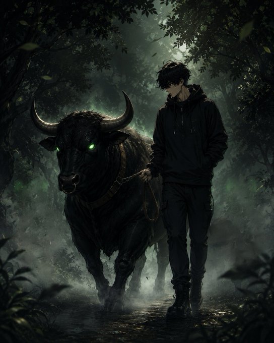 A dark, atmospheric illustration of a young man in dark clothing leading a large black bull with glowing green eyes through a misty forest.
