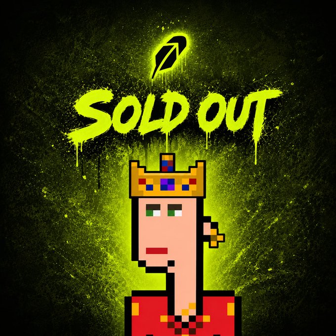 A pixel-art style graphic of a king with a crown on a green splatter background, featuring graffiti-style text 'SOLD OUT' above his head.