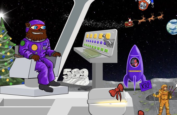 A bear-like astronaut sits at a space mission control panel overseeing a purple rocket labeled "TERSEVERANCIA" and an astronaut holding an "XRP" flag, with Santa's sleigh, Earth, and a Bitcoin-themed moon in the background—setting a festive, bullish scene for firing rockets toward crypto and holiday gains.