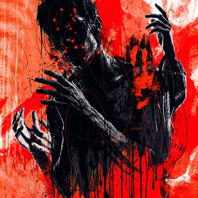 The image features a black and red abstract painting of a person with their hands raised above their head. The background is a mix of red and white colors, creating an intense atmosphere. The caption at the bottom of the image reads "good morning, dreamers! #TEZOSTUESDAY? LET'S ROCK!". This suggests that the artist has created this piece to evoke a sense of energy and enthusiasm for the day ahead or to celebrate the idea of pursuing one's dreams.