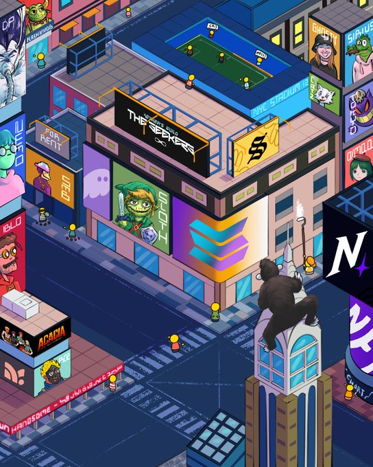 An isometric pixel art illustration of a vibrant cyberpunk-style cityscape featuring 'THE SEEKERS' building, various billboards, and a figure sitting atop a skyscraper.