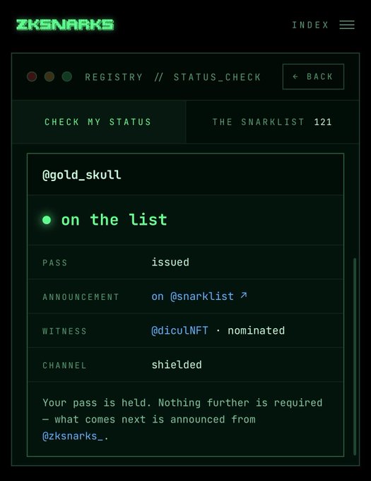 A screenshot of a website called ZKSNARKS displaying a status check page for '@gold_skull' indicating they are 'on the list' with an 'issued' pass, a witness nominated by '@dicuLNFT', and a 'shielded' channel.