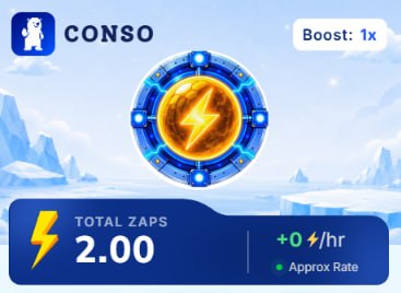 A mobile game screenshot displays a coin icon with a lightning bolt, showing 'TOTAL ZAPS 2.00' and a 'Boost: 1x' indicator under the 'CONSO' brand.