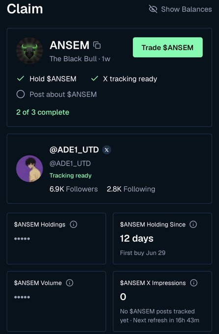A crypto claim interface showing 'ANSEM - The Black Bull' token with options to hold, post, or track on X (Twitter).