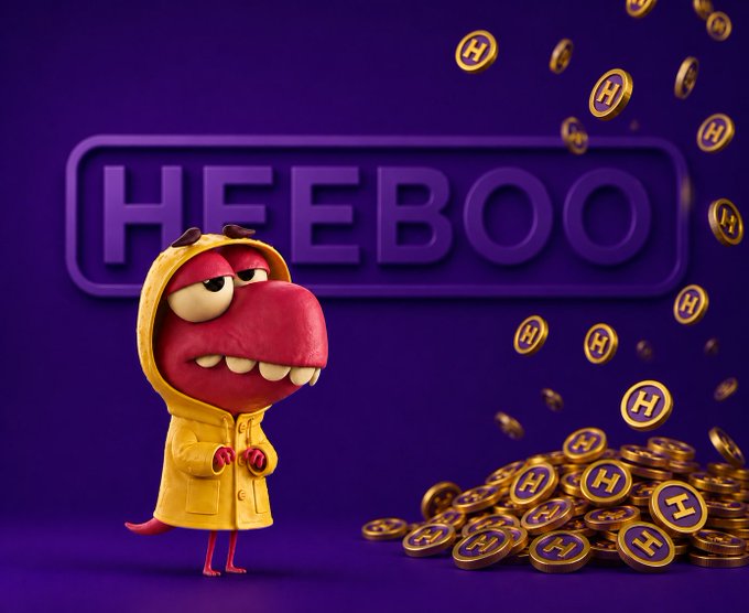 3D-rendered cartoon mascot in a yellow raincoat standing before a purple 'HEEBOO' logo, with a pile of gold coins bearing the 'H' emblem scattered on the ground.