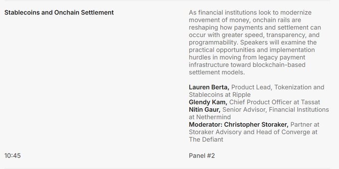 The image shows a white background with black text that reads "Stablecoins and Onchain Settlement" followed by a list of names including "Lauren Berta, Product Lead, tokenization and Stablecoins at Ripple." The text also mentions a panel discussion on June 23-24th in New York City.