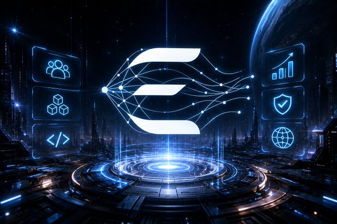 A futuristic digital artwork featuring a stylized 'E' or blockchain logo in the center, surrounded by tech icons (people, code, shield, globe, charts) on a sci-fi platform with a planet in the background.