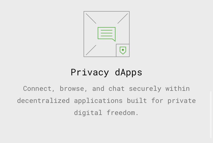 A minimalist graphic featuring a green chat bubble and shield icon with text reading 'Privacy dApps - Connect, browse, and chat securely within decentralized applications built for private digital freedom.'