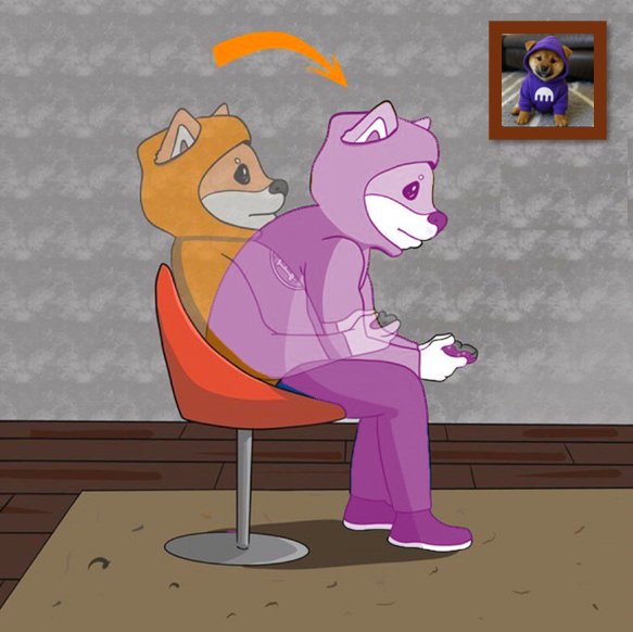 The image shows a cartoon illustration of a purple bear-like character sitting on a red chair, wearing a hoodie with a Shiba Inu dog peeking out from inside the hood, holding a game controller. An orange arrow points to the character's purple hoodie, drawing attention to the outfit, while a small framed photo of the same character in a purple hoodie hangs on the wall behind them, matching the "$DOG" crypto theme of the post about the Dog Army staying locked in.