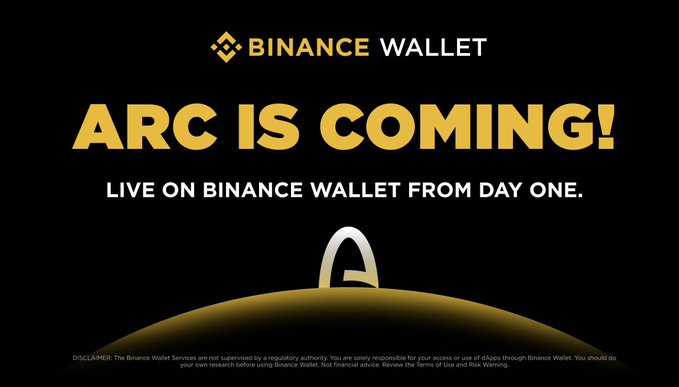 The image is a promotional graphic with a black background featuring the "BINANCE WALLET" logo at the top in gold and white. Bold gold text announces "ARC IS COMING!" with a white subtitle stating "LIVE ON BINANCE WALLET FROM DAY ONE." A stylized illustration of a rocket ship emerging over a curved golden horizon, suggesting a planetary surface, sits at the bottom, reinforcing the launch theme. A disclaimer at the bottom in fine print notes that Binance Wallet Services are unregulated and advises users to conduct their own research. The "Day one is getting crowded" caption complements the announcement by highlighting that Binance Wallet will support the ARC token immediately at launch, adding to a growing list of projects.
