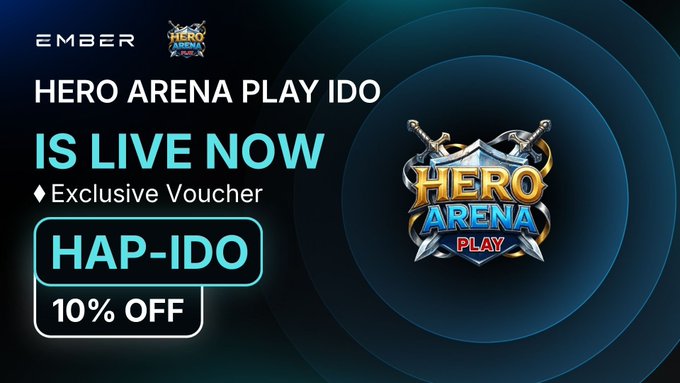 A promotional graphic for 'EMBER' announcing that 'HERO ARENA PLAY IDO IS LIVE NOW' with an 'Exclusive Voucher HAP-IDO 10% OFF' and the Hero Arena Play game logo.