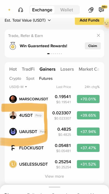 The image shows a Binance mobile app screenshot displaying the "Gainers" tab in the USDⓈ-M Futures market, with two trading pairs—4USDT (Perp) at $0.023307 (+39.65%) and UAIUSDT (Perp) at $0.4825 (+37.94%)—highlighted by hand-drawn yellow markings. This visually supports the post's claim of impressive gains, specifically highlighting the 140% weekly gain on $UAI that the author mentions, while also showcasing other top-performing futures contracts like MARSCOINUSDT (+70.01%) and FLOCKUSDT (+37.47%) on the leaderboard.